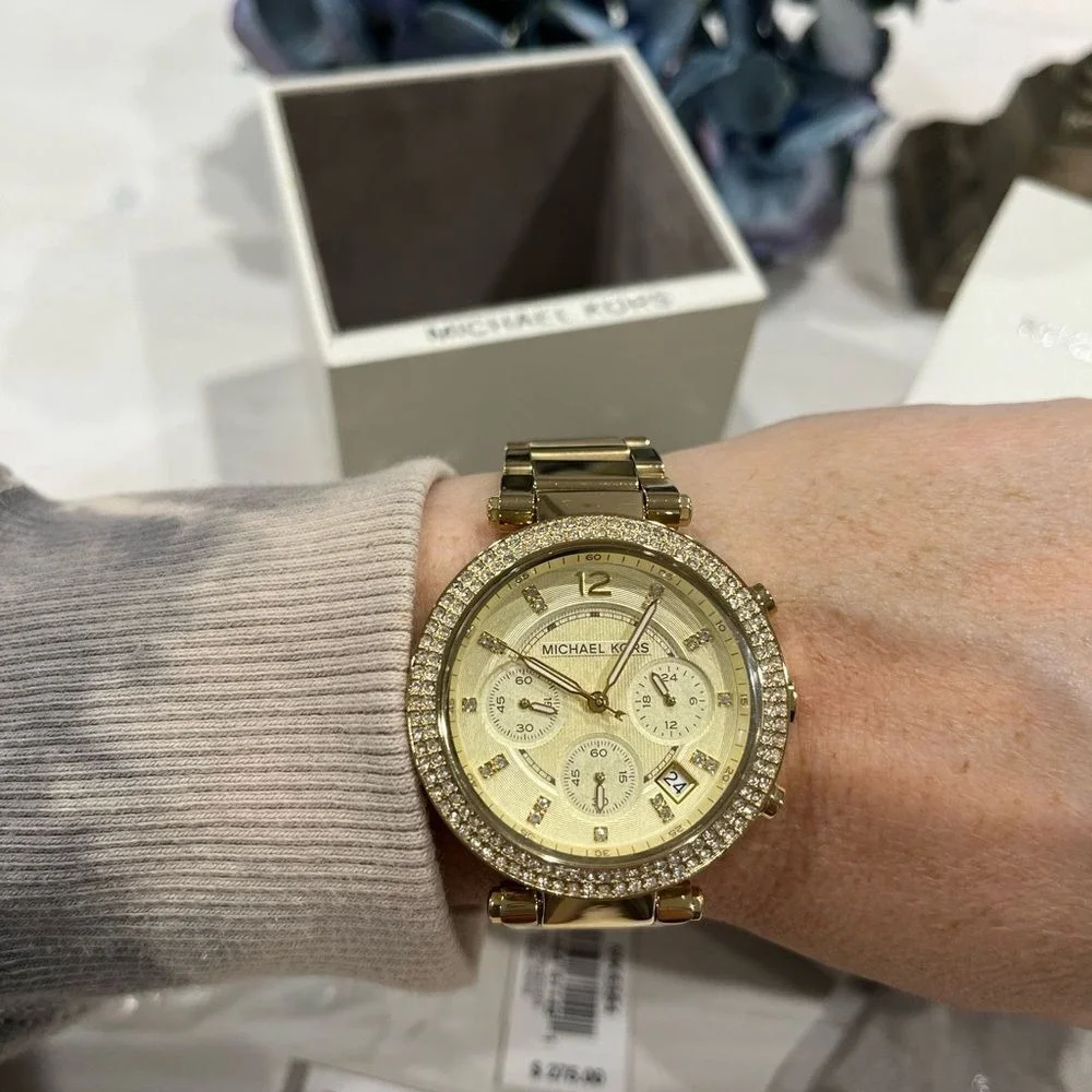 Michael Kors jeweled gold colored‎ watch with box, bag, pillow needs batteries